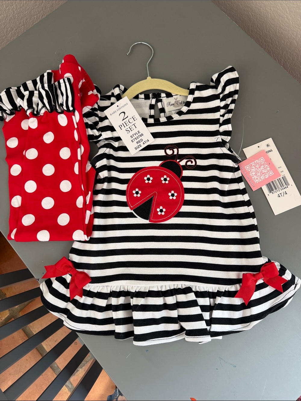 Black & White Striped Kids Pajama Set with Red Ladybug & Polka Dot Pants